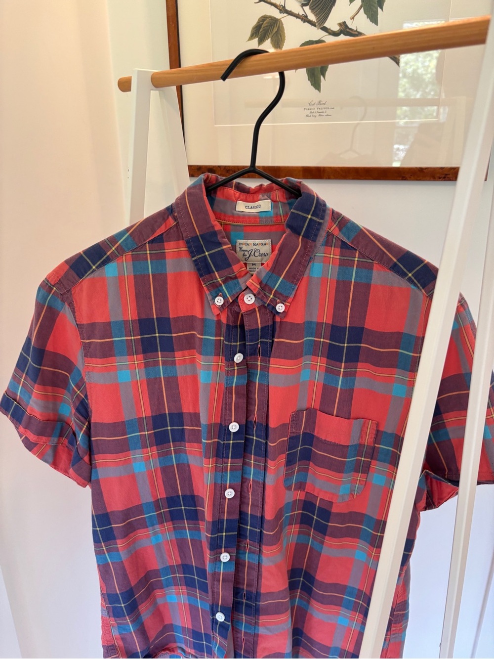 Short-Sleeve Button-Down Plaid Madras Shirt in Red